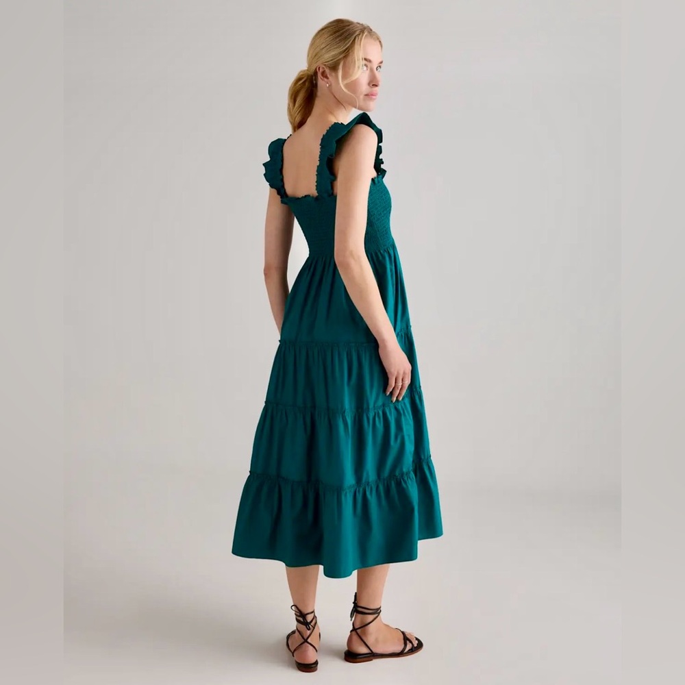 Quince Smocked Organic Cotton Poplin Midi Dress Size XS Garden Green